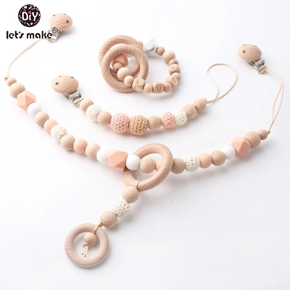 

Let's make 3pc/set Baby Nursing Accessories Crochet Bead Beech Teether Bracelet Natural Pacifier Clips Neutral Gift Baby Teether