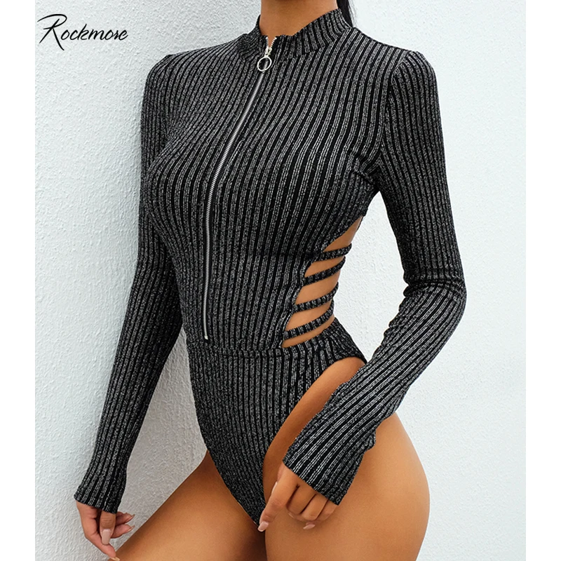 Rockmore с перфорацией длинный рукав боди молнией Для женщин готика Bodycon резинкой Femme