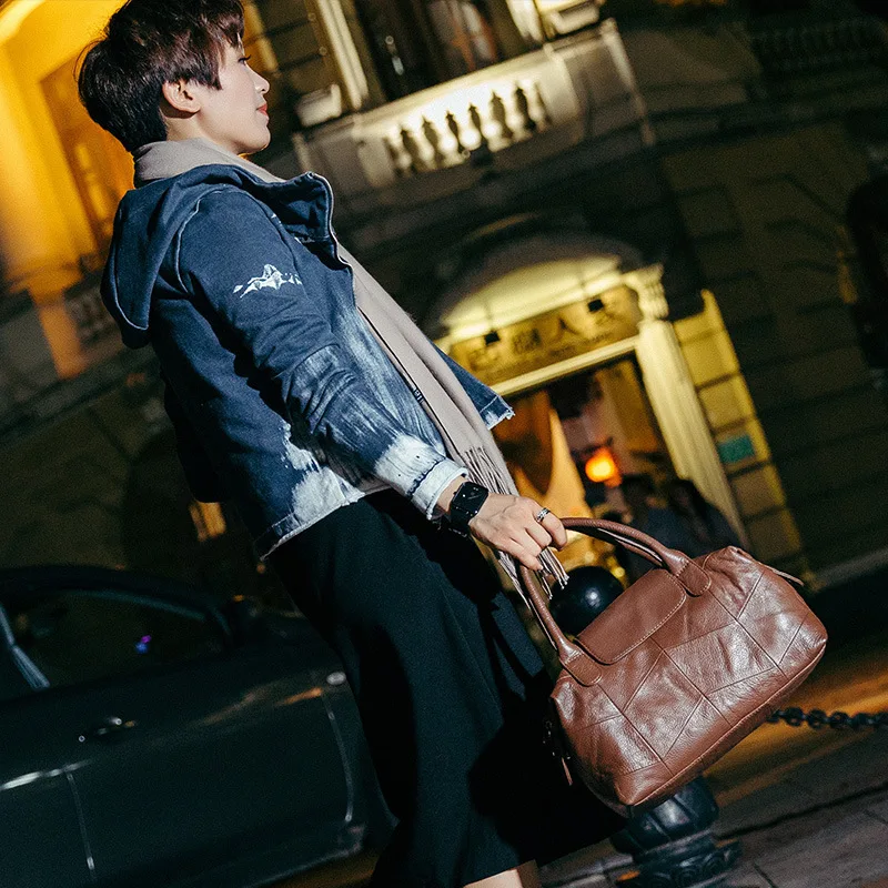 2018 Women Natural Soft Genuine Leather Boston Bag Simple Handbag Fashion Casual Shoulder Bag OL Tote Handbags Top-handle Bags