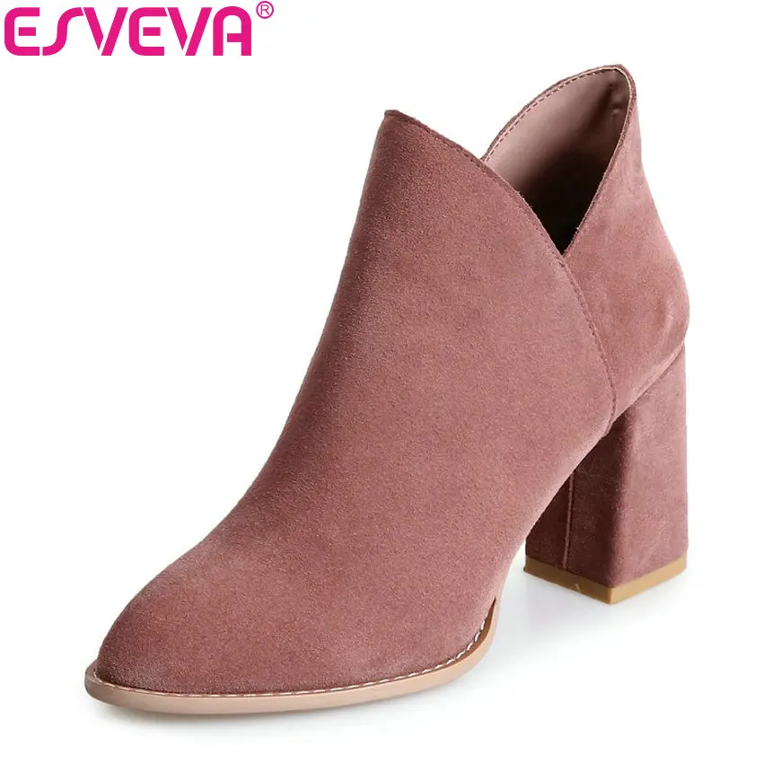 

ESVEVA 2019 Women Shoes Concise Pointed Toe Western Style Square High Heel Ankle Boots Zipper Winter Boots for Women Solid 34-39