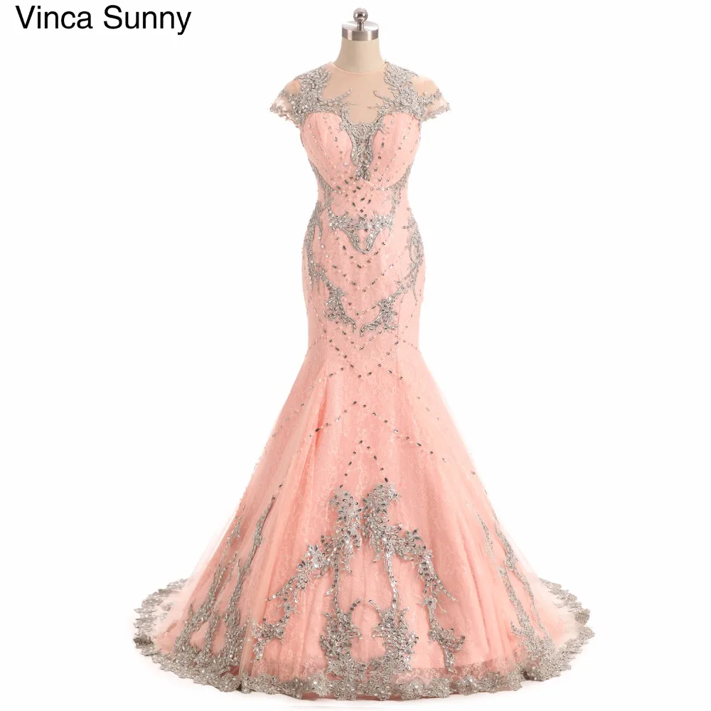 Luxury Peach Mermaid Evening Dresses Sweep Train Cap Sleeves Beading ...