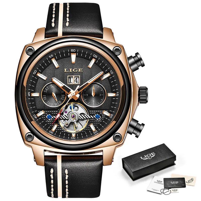 LIGE Мужские часы механические Tourbillon Роскошные модные брендовые кожаные мужские