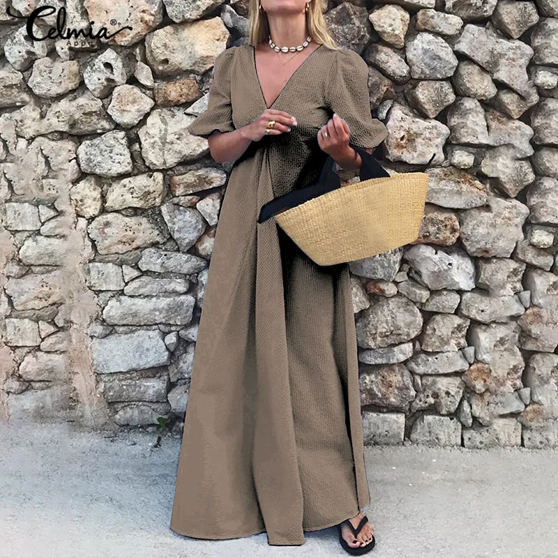 

Bohemian Women's Dress Summer Sarafans Celmia 2019 Sexy V neck Short Sleeve Casual Pleated Baggy Maxi Long Vestidos Party S-5XL