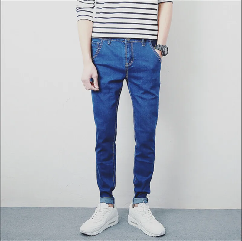 2015 jeans men Straight biker jeans men mid waist solid denim long trousers slim business casual