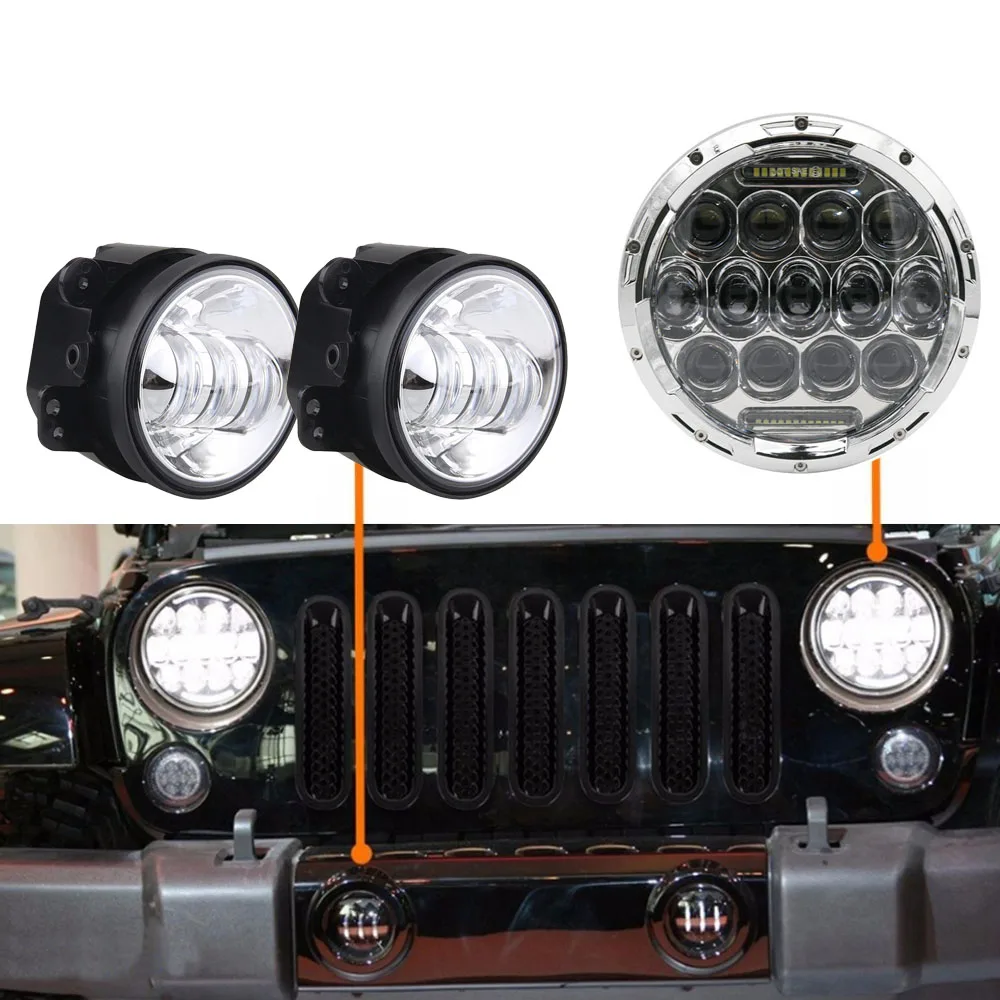 For Jeep Wrangler JK 7 Inch 75W LED Headlights High Low Beam Angel Eye DRL Headlamp Bracket Ring With 4 Fog Passing Light  (11)