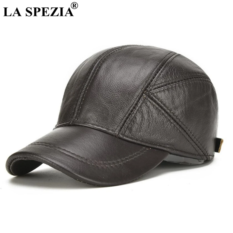 LA SPEZIA Mens Baseball Caps Dark Brown Leather Snapback Cap Male