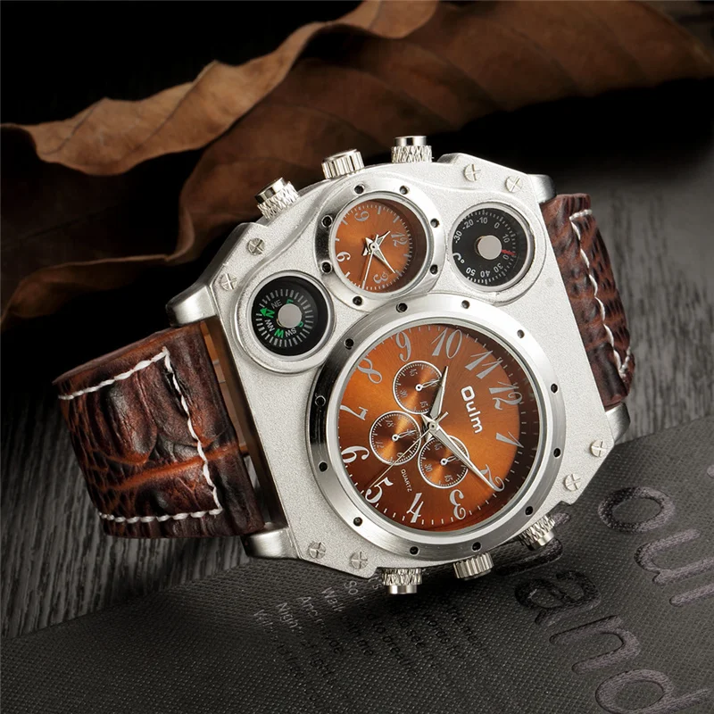Oulm спортивные часы супер большой стиль кварцевые часы мужские двойной часовой пояс Декоративный термометр компас PU мужские наручные часы