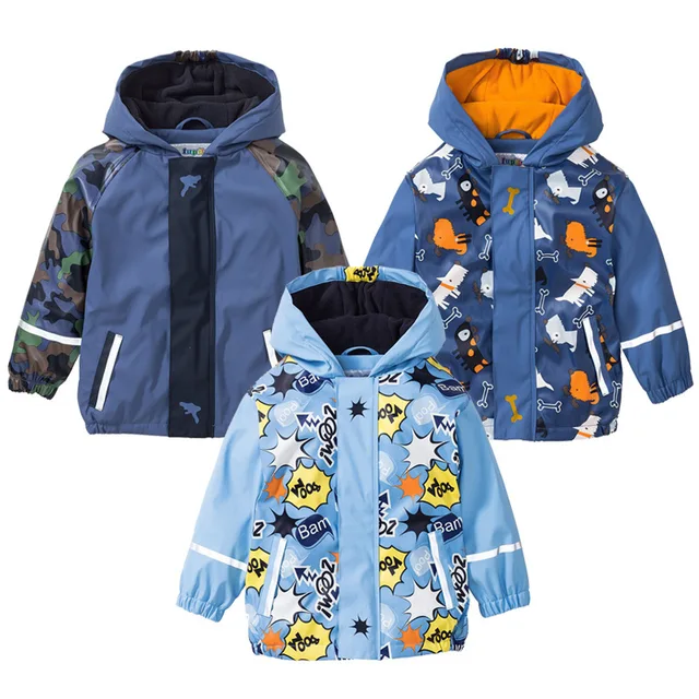2018 Autumn Winter 2-7 Years Children PU Jackets Warm Waterproof Windbreak Outdoors Clothes Hooded Fleece Boys Raincoat Poncho