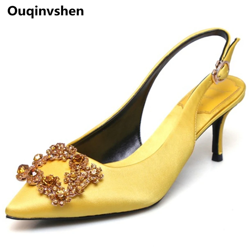 

Ouqinvshen Crystal High Heels Sandals Women Fashion Plus Size 34-43 Buckle Strap Silk Yellow Summer Shoes Pointed Toe Jelly Shoe
