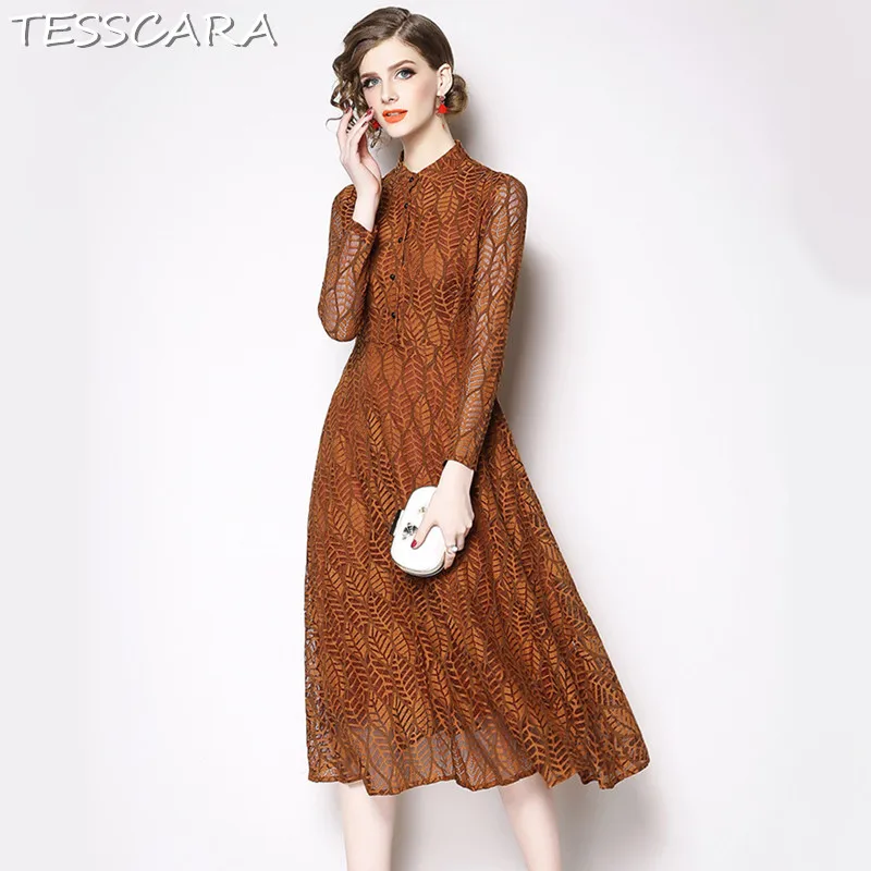 

TESSCARA Women Autumn Elegant Lace Dress Shirt Festa Female High Quality Vintage Designer Vestidos Office Party Long Robe Femme