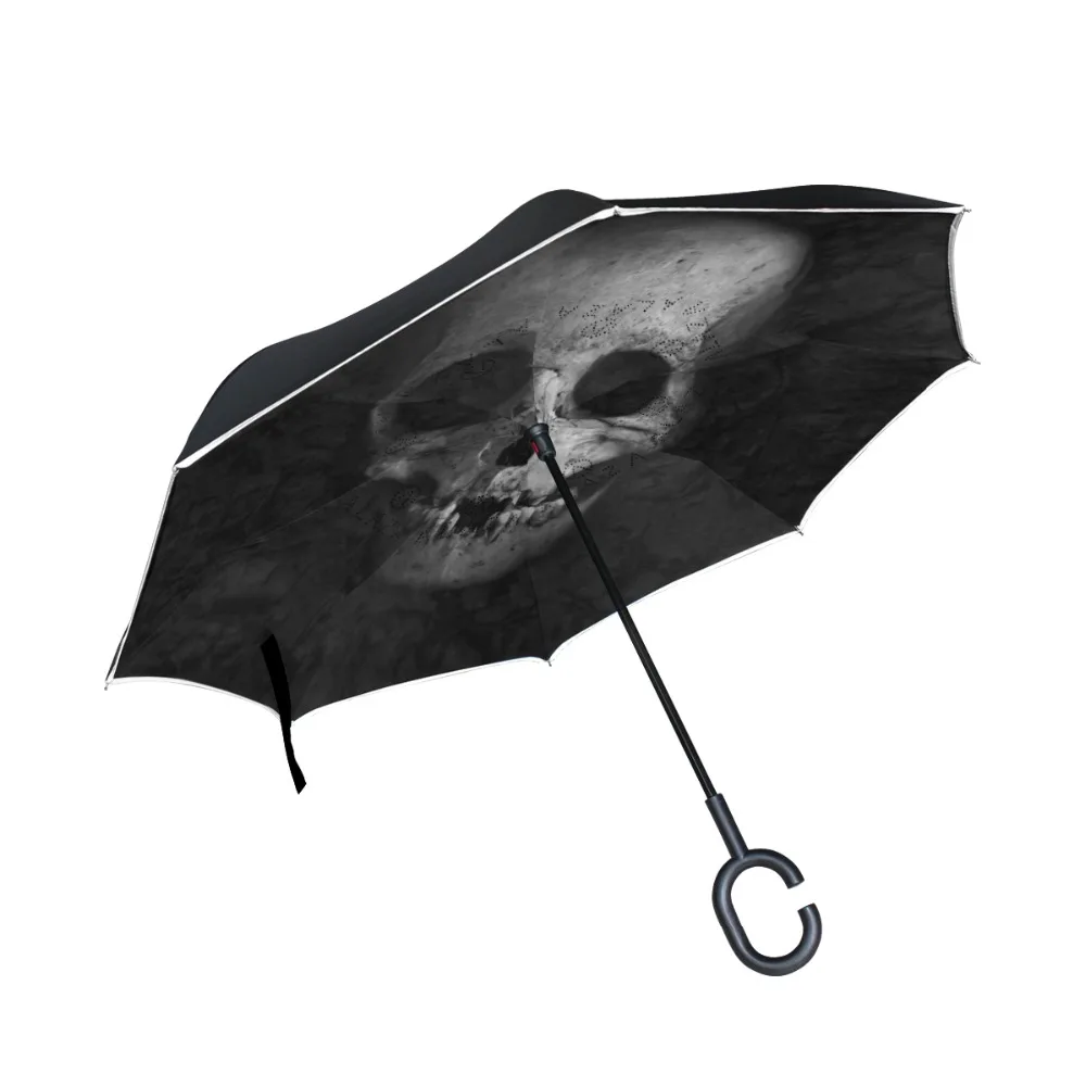Черный череп Печатный обратный зонтик ветрозащитный двойной слой перевернутый Chuva зонтик самостоящий защита от дождя c-крюк руки