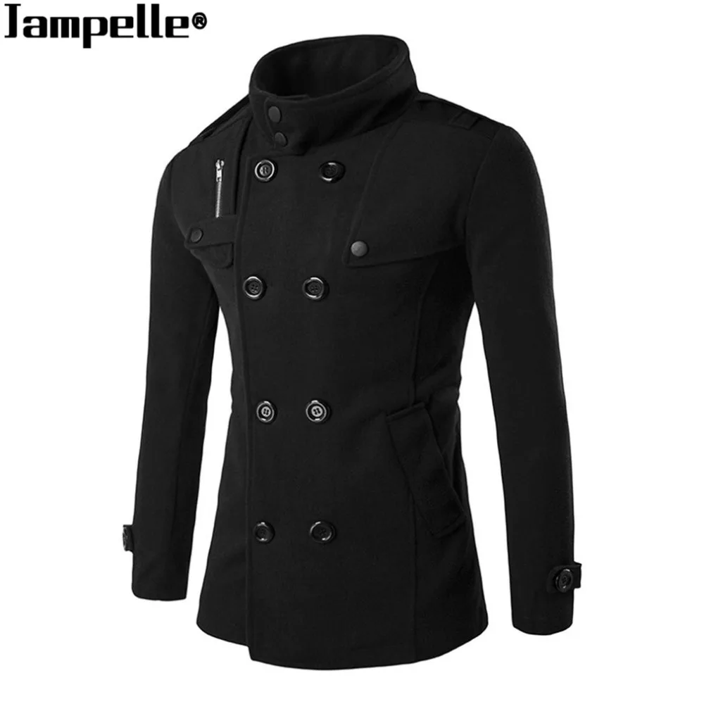 New Autumn Winter Men's Woolen Coat Double-breasted Zipper Design Business Man Woolen Cloth Warmth Overcoat Windbreaker