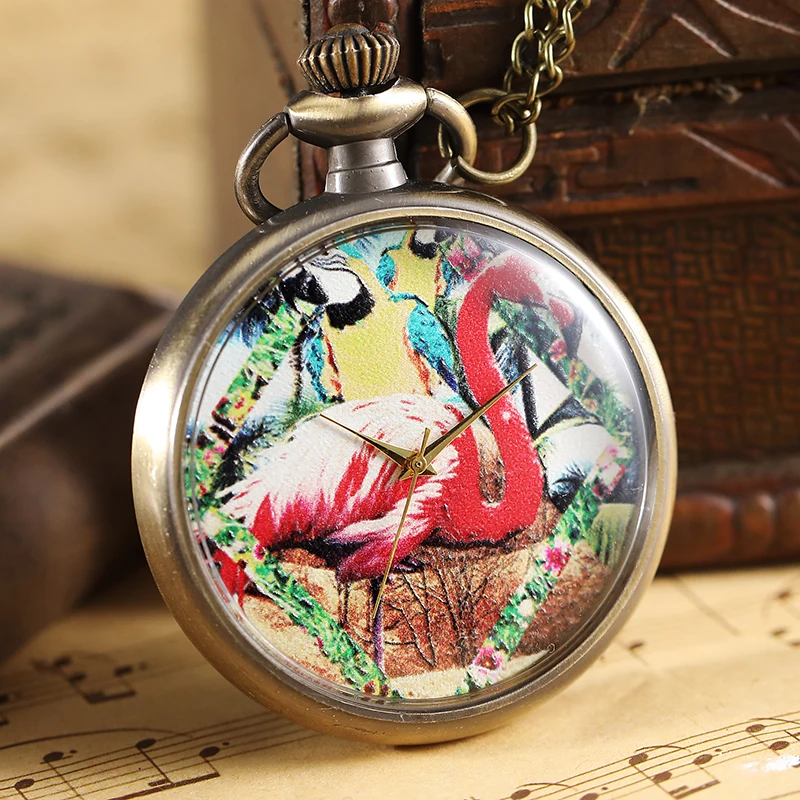 Vintage Pink Flamingo Pattern Pocket Watch Men Women Necklace Chain Elegant Pendant Bronze Analog Quartz Male Clock Gifts | Наручные часы