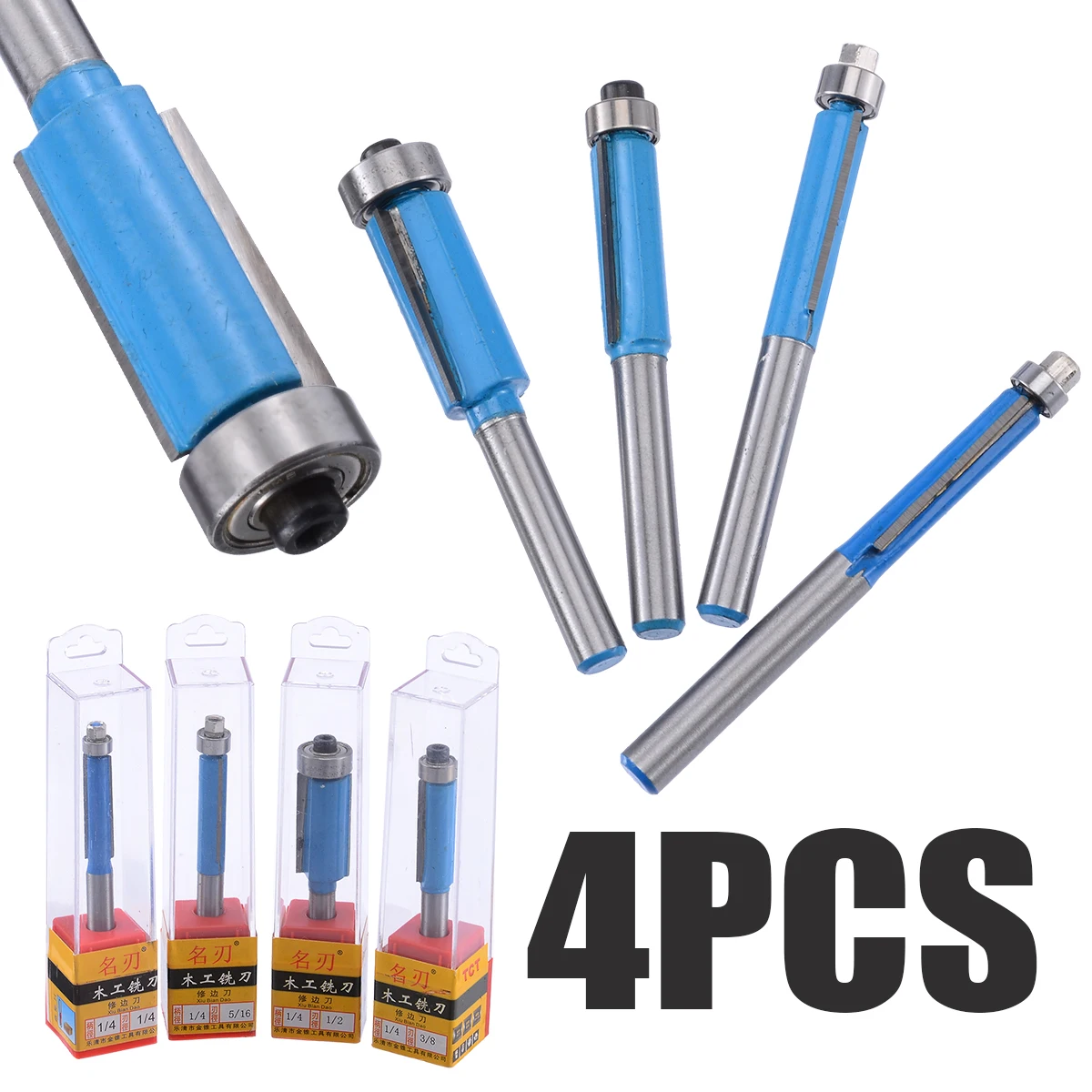 4pcs 6/8/10/12mm 1/4" Shank Flush Trim Router Bits Set End Bearing Milling Cutter For Woodwork Tool