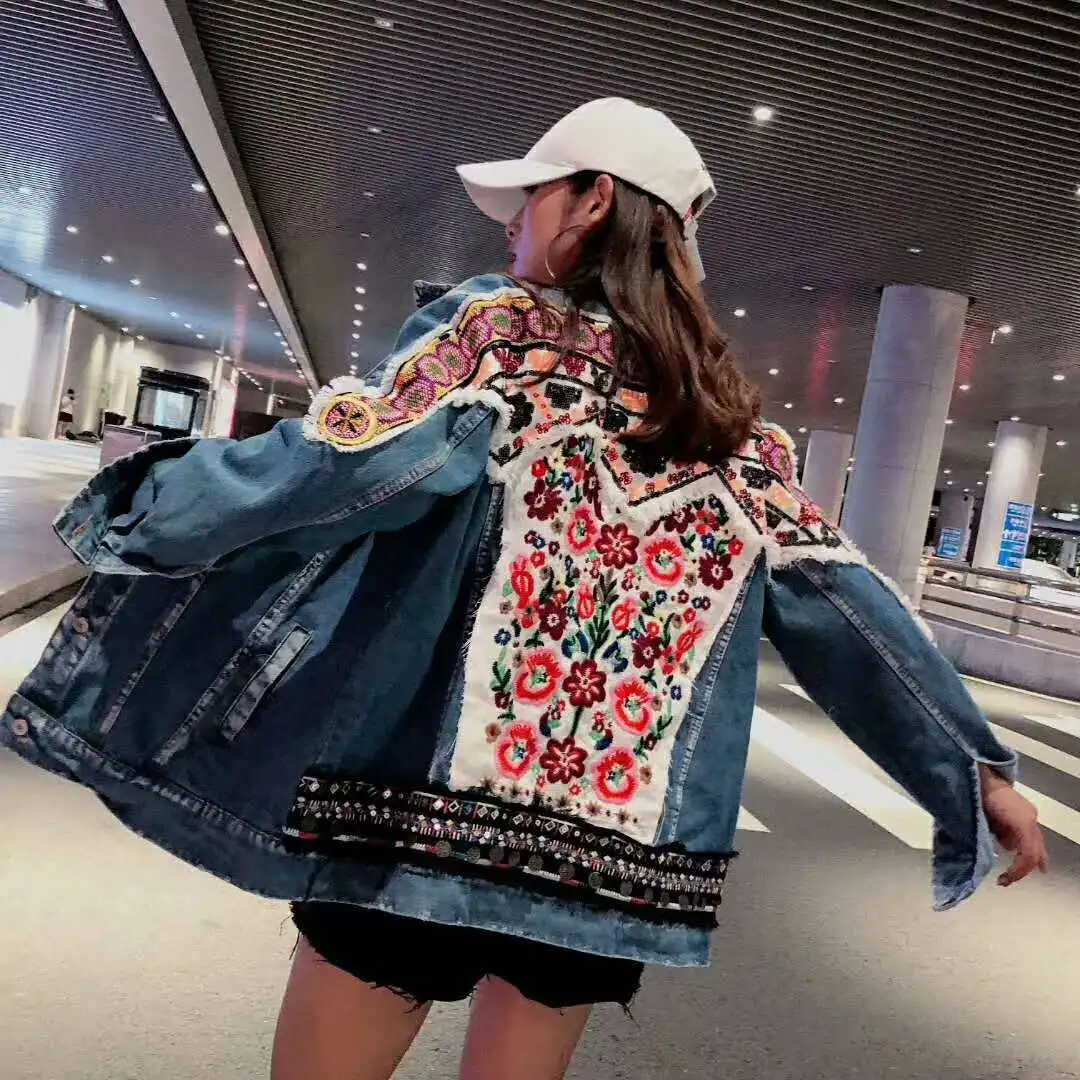 

Tide Brand Women's 2019 Autumn New National Style Flower Embroidery Beaded Sequins Long-sleeved Denim Jacket Female