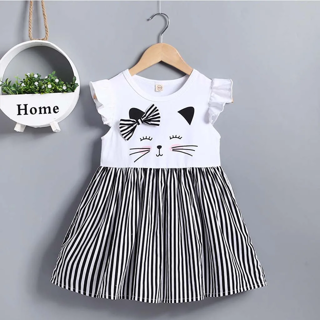 

Toddler Kid Baby Girl Sleeveless Cat Printed Striped Princess Dress Clothes Girls Dress Kids Dresses For Girls Summer 2019