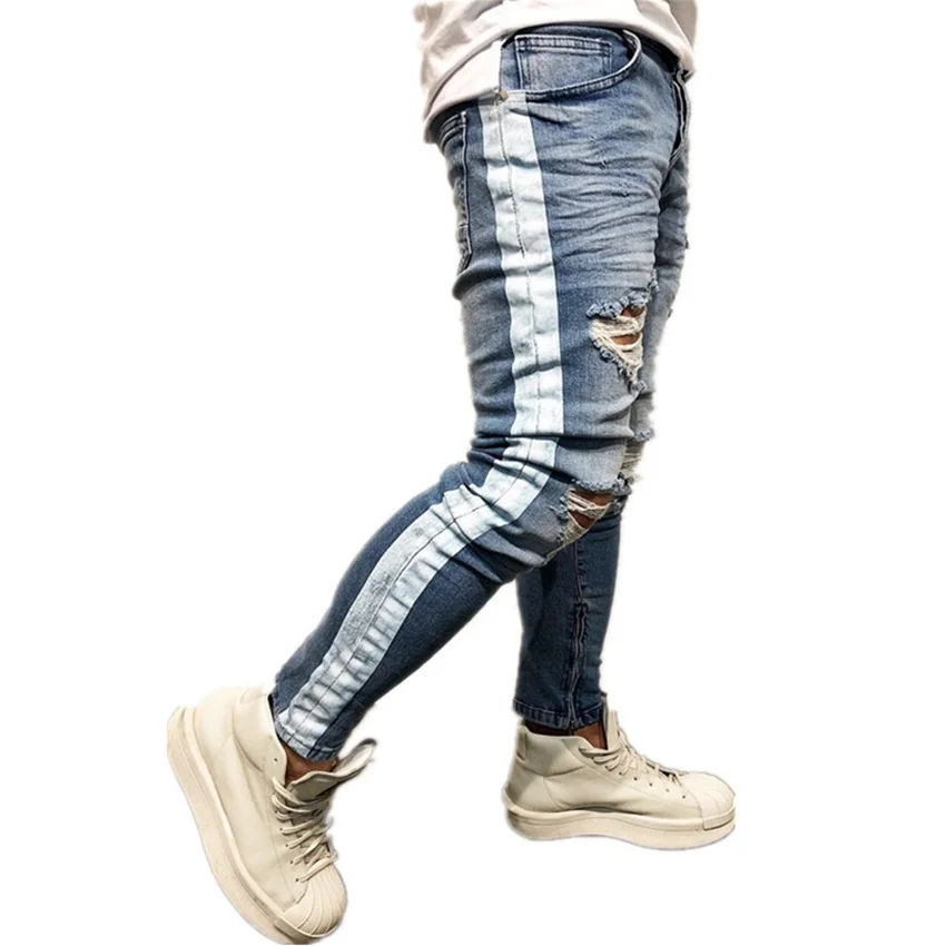 Новые мужские джинсы с рваными дырами, синие мужские джинсы с боковой полоской на молнии в стиле хип-хоп, обтягивающие байкерские джинсы