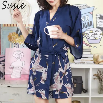 

Women Imitation Silk Kimono Short Bath Robe Bride Bridesmaid Red-Crowned Crane Printing Nightgown Belted Wedding Party Sleepwear