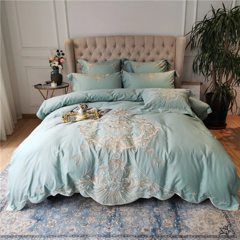 

New Luxury Green Gray Champagne 100S Egyptian Cotton Gold Royal Embroidery Bedding Set Duvet Cover Bed Linen/sheet Pillowcases