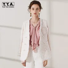 Подиумная женская одежда Топ розовая куртка осенне-весеннее твидовое пальто женские модные клетчатые женские куртки Офисная Рабочая верхняя одежда с кисточками