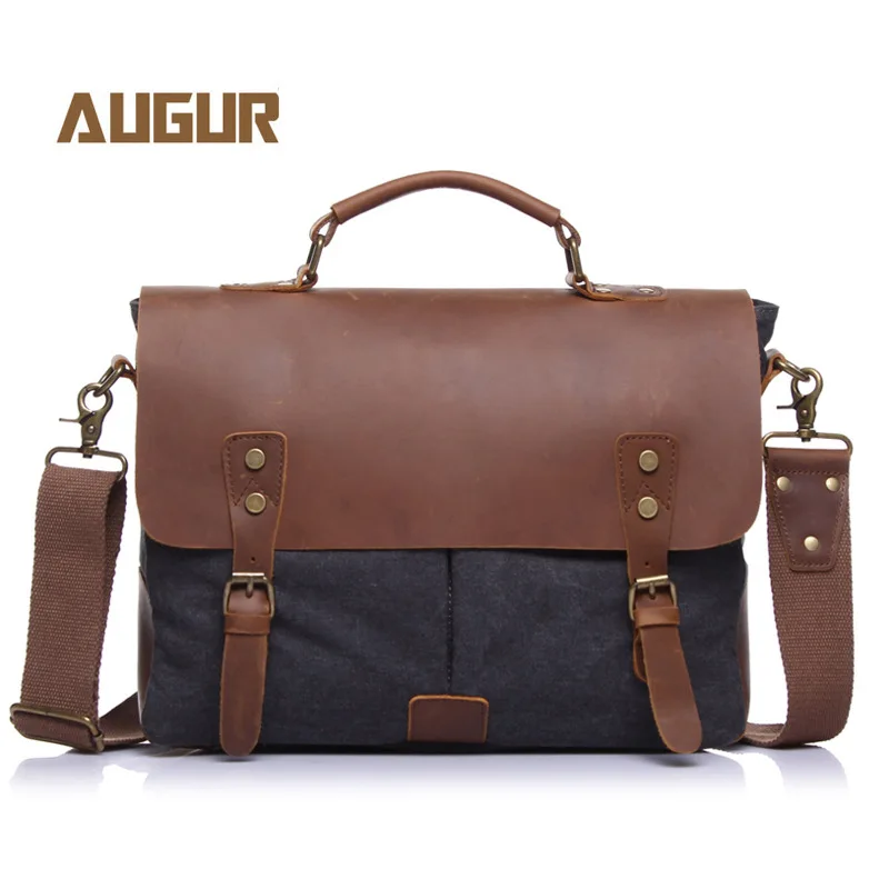 

AUGUR Vintage men's canvas messenger bag horse leather men soft bags schoolbag for teenage lock military hangbags messenger bags