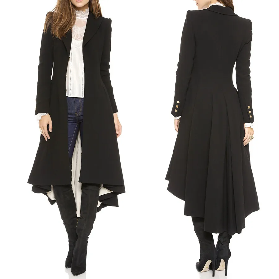 VDOGRIR Womens Military Goth Dovetail Victorian Trench Coat Jacket Buttons Over Ruffle Swallowtail Wool &amp Blends | Женская одежда