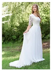 Thinyfull трапециевидной формы свадебные, с рукавами до локтя платье кружевное подвенечное платье белый шифон цвета слоновой кости пляжные