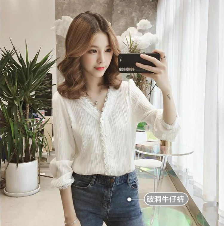 Женские топы и блузки женская рубашка стильная корейская модная одежда Рубашки Женская белая шифоновая кружевная блузка с длинным рукавом L4