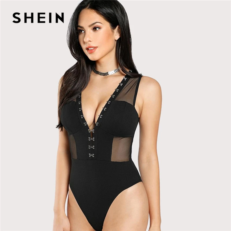 

SHEIN Sexy Black Mesh Insert Hook and Eye Bodice Deep V Neck Mid Waist Sleeveless Skinny Sheer Bodysuit Women Summer Bodysuits