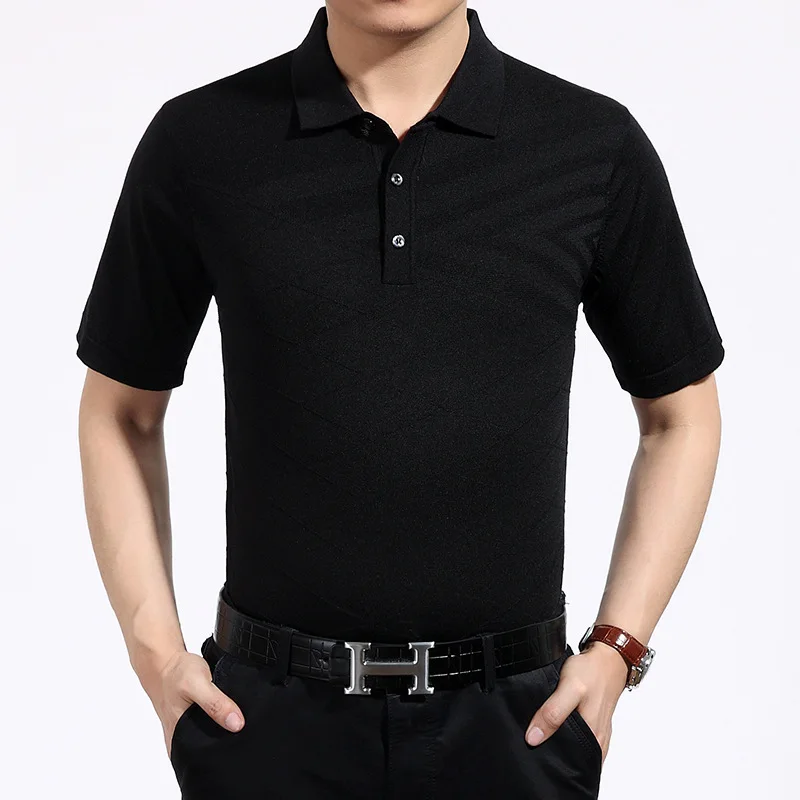 Лето, рубашка из натурального шелка с коротким рукавом, мужская деловая Свободная трикотажная рубашка - Цвет: black