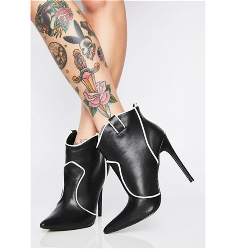 

Women Black Leather Elegant Thin High Heel Short Boots Pointed Toe Riding Boots Ankle Stilettos Boots Party Work Sexy Shoes