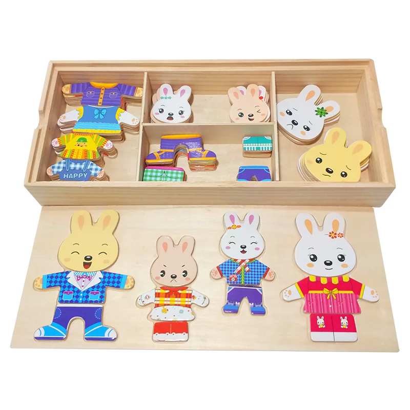 3D Cartoon Animal Wooden Puzzle DIY Rabbit Family Dress Changing