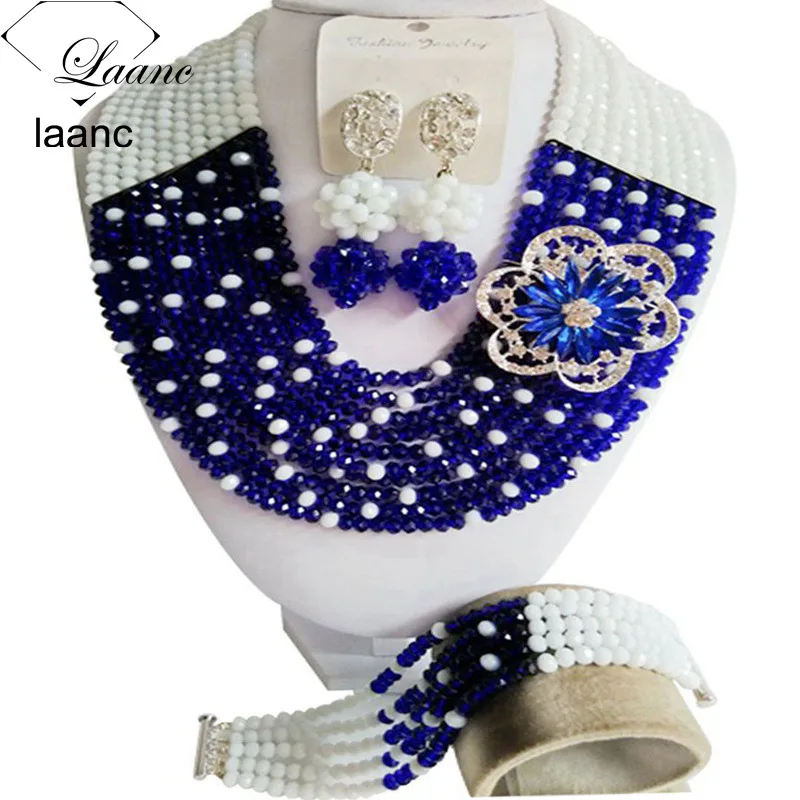 

Laanc White Royal Blue Nigerian Wedding African Beads Jewelry Set Crystal Necklace and Earrings for Women C10SZ053