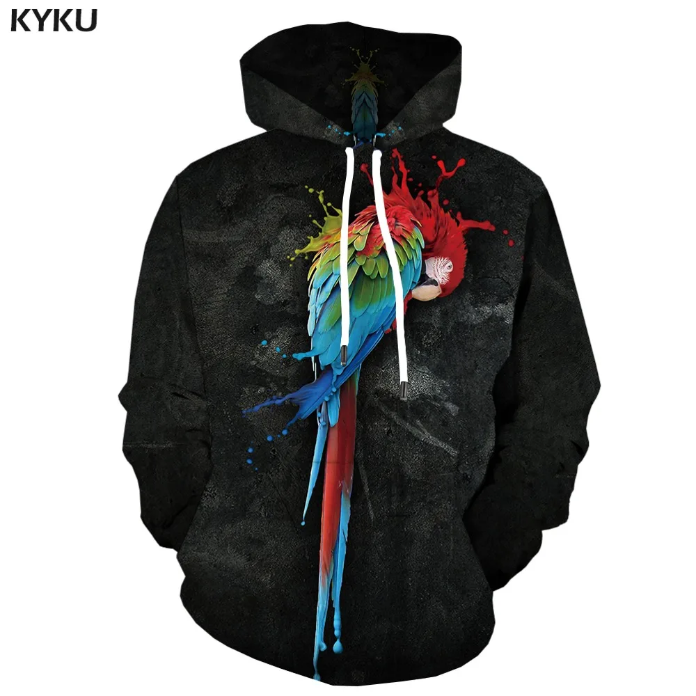 

KYKU Brand Parrot Sweatshirts men Animal Hoodie Print Graffiti Hoody Anime Black Hoodes 3d Art Hooded Casual Long Sleeve Graphic