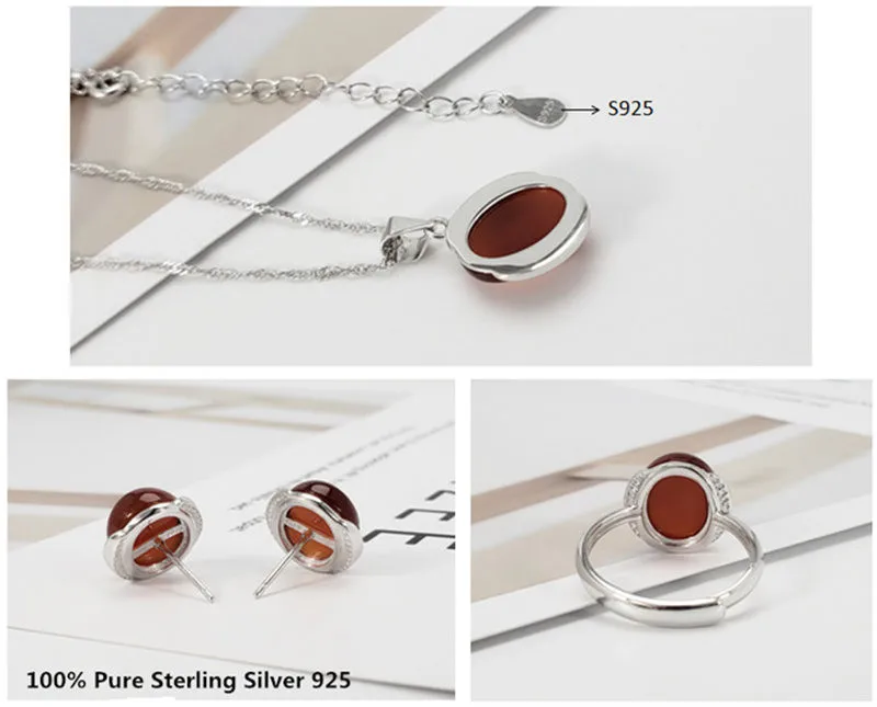 Natural Black Mother Of Pearl / Red Onyx Pure Sterling Silver 925 Jewelry Set For Women Elegant Simple Style Bijoux Gift