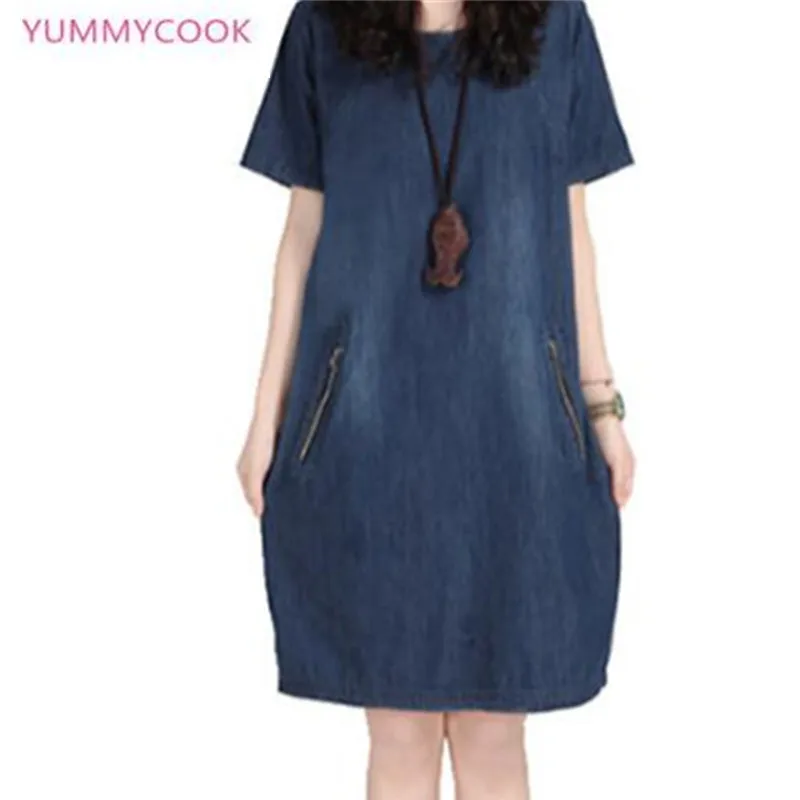 

Hot Selling Women wear summer large size dress Easy leisure Pure color Cowboy dress short sleeves Thin section women dresses Y03