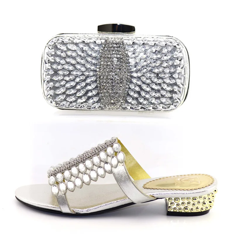 

Free shipping shinning nice silver rhinestones slippers shoes and clutches bag set italian shoes and bag set low heel SB8358-2