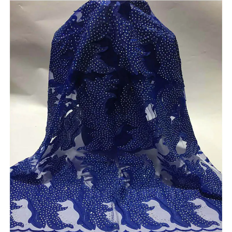 French Lace Fabric With Stones Royal Blue Cheap African Leaf | Дом и сад