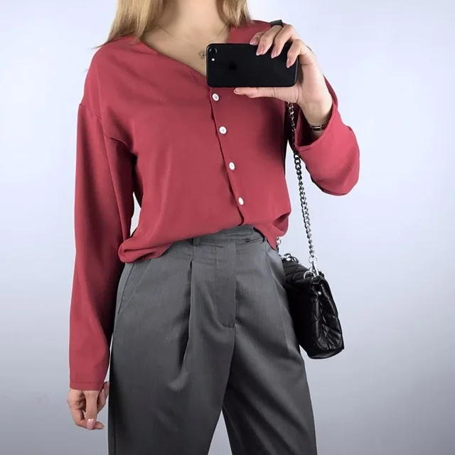 FATIKA однотонная плиссированная блузка с v-образным вырезом, элегантные свободные блузки, весенние топы, новинка, популярная повседневная женская одежда