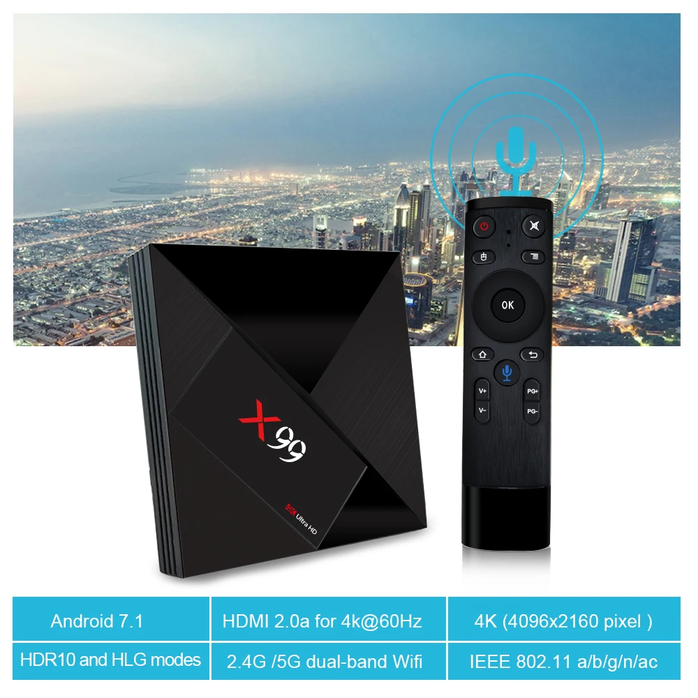 L8STAR X99 Android 7,1 ТВ коробка RK3399 4 Гб Оперативная память 64 Гб Встроенная память с голосовым дистанционным 5G Wi-Fi супер 4 K OTT HD2.0 Smart ТВ BOX Set TOP BOX