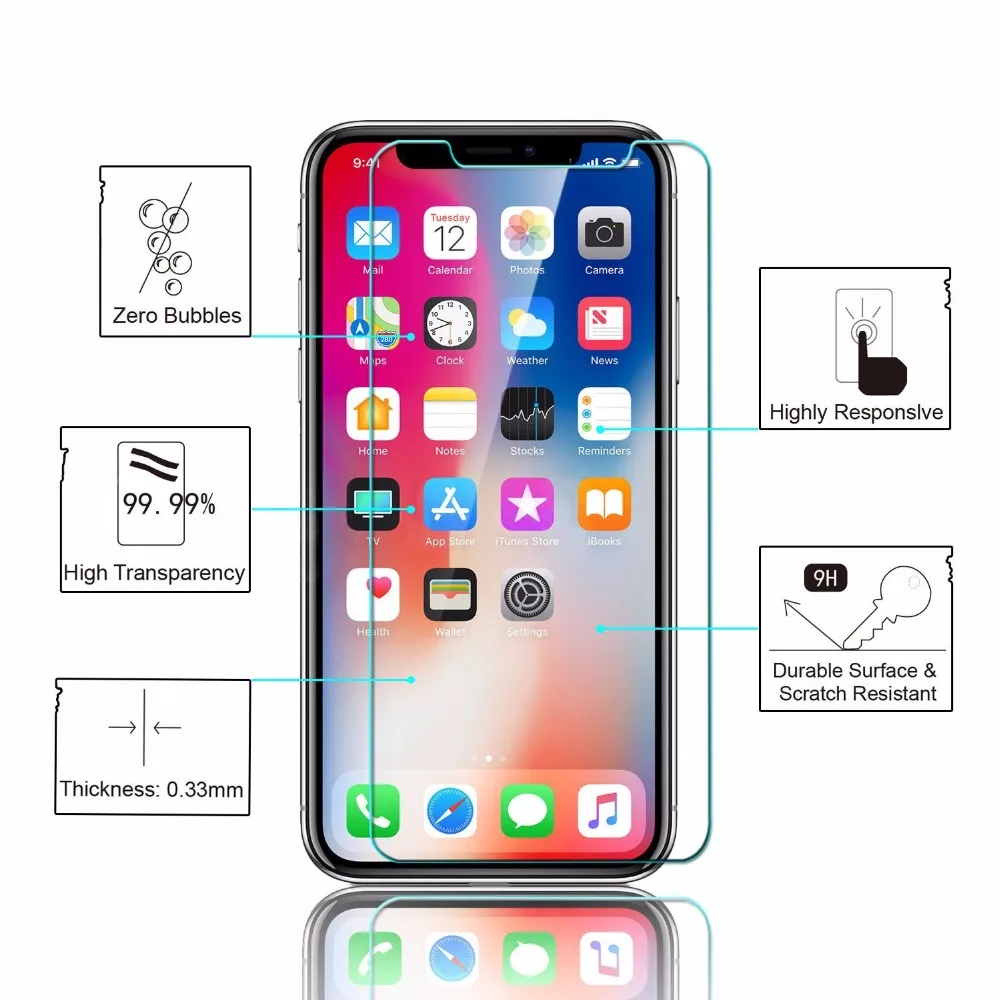 0 26 мм 9H защитное закаленное стекло для iPhone X 10 8 7 6 6S Plus 5S SE 5C 5 4|tempered glass film|screen