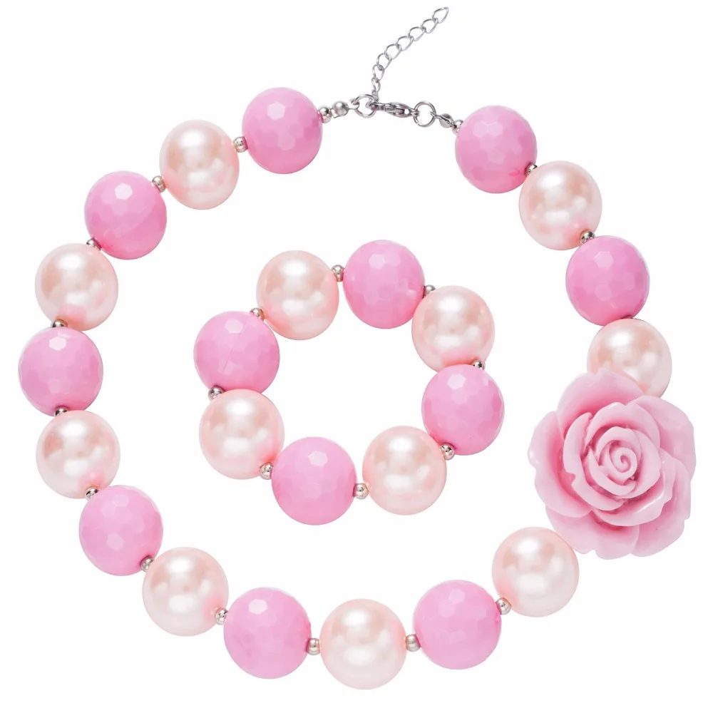

Pink Flower Kid Chunky Necklace Bracelets Bubblegum Bead Baby Girl Chunky Jewelry Set For Toddler Children