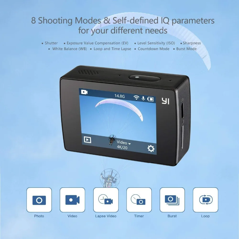 YI Discovery Action Camera 4K 20fps Sports Cam 8MP 16MP with 2.0 Touchscreen Built-in Wi-Fi 150 Degree Ultra Wide Angle