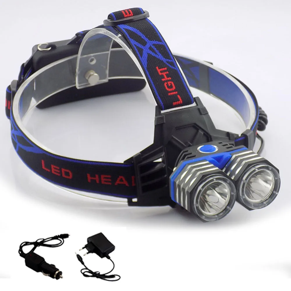 

High Power headlamp XML double T6 headlight usb port AA Battery head light lamp torch Lanterna + car charger + AC charger