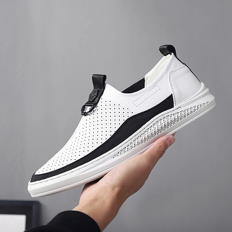 

Brand Men Shoes Casual Leather Fashion Trendy Flat Shoes for Men Hollow Breathable Walking Sneakers 2019 New Free shipping