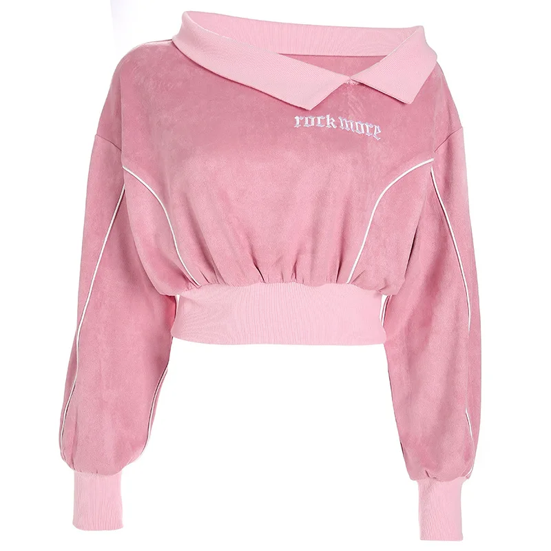 

Women vogue One Shoulder Hoodies Cropped Pink Embroidery Letter Hoodie Womens Streetwear Pullover Sweatshirt Crop Top for woman