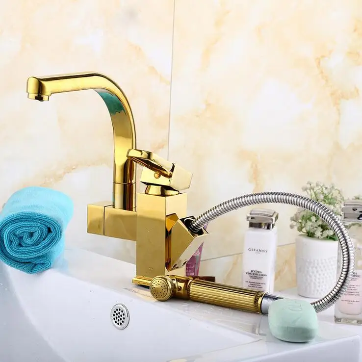 Stretched gold plated kitchen faucet pull down Rotated bathroom sink basin faucet hot and cold Copper