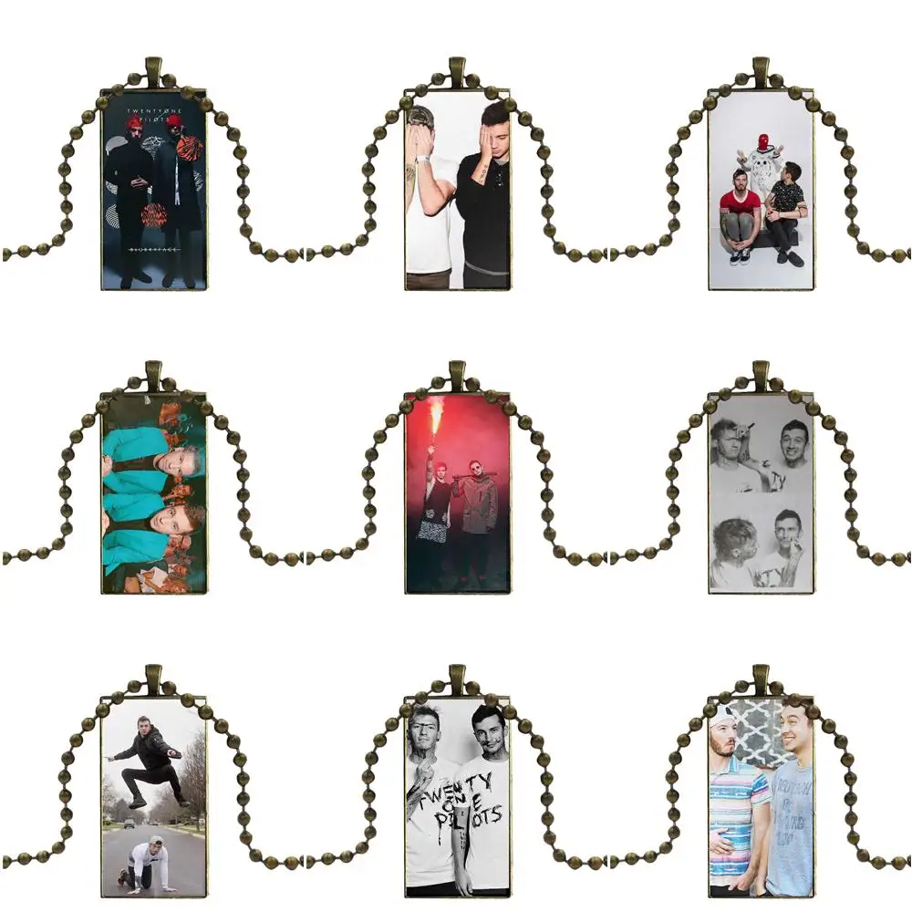 

EJ Glaze 21 Twenty One Pilots For Women Party Vintage Jewelry Bronze Color Glass Cabochon Choker Pendant Long Rectangle Necklace