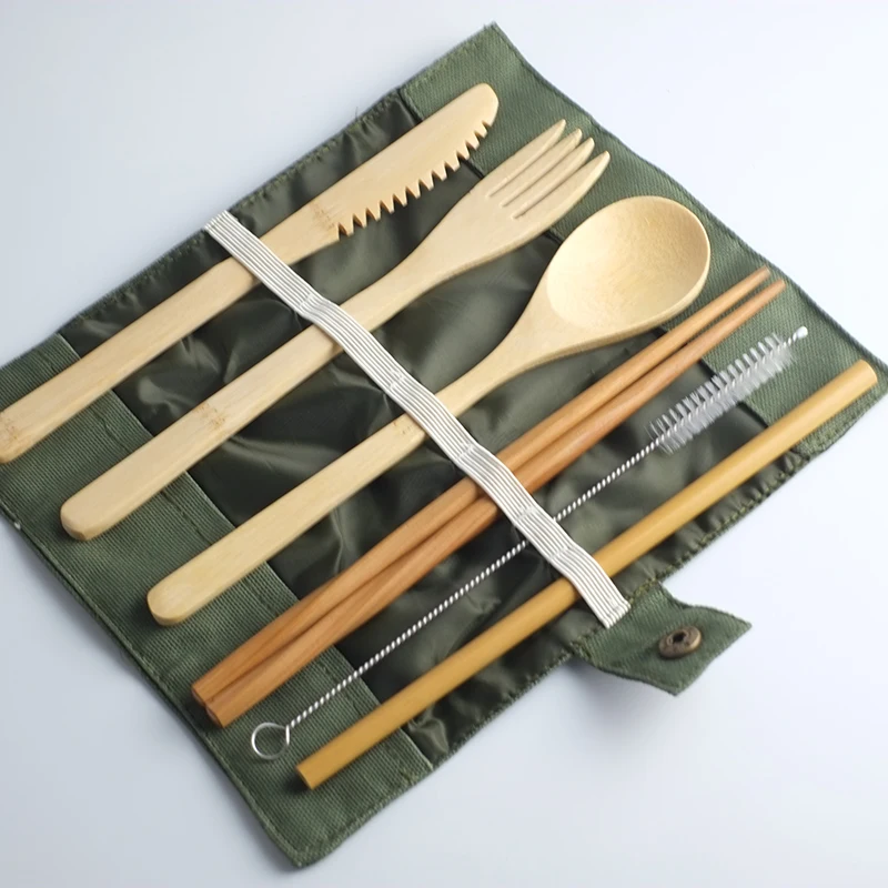 conjunto de talheres de madeira de conjunto de utensílios de viagem reutilizáveis com para garfo zero faca