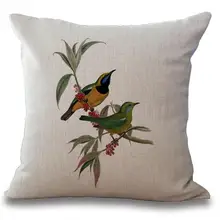 Hand Painted Cartoon Flowers And Birds Printing Linen Decorative Throw Pillow Office Chair Seat Backrest Waist